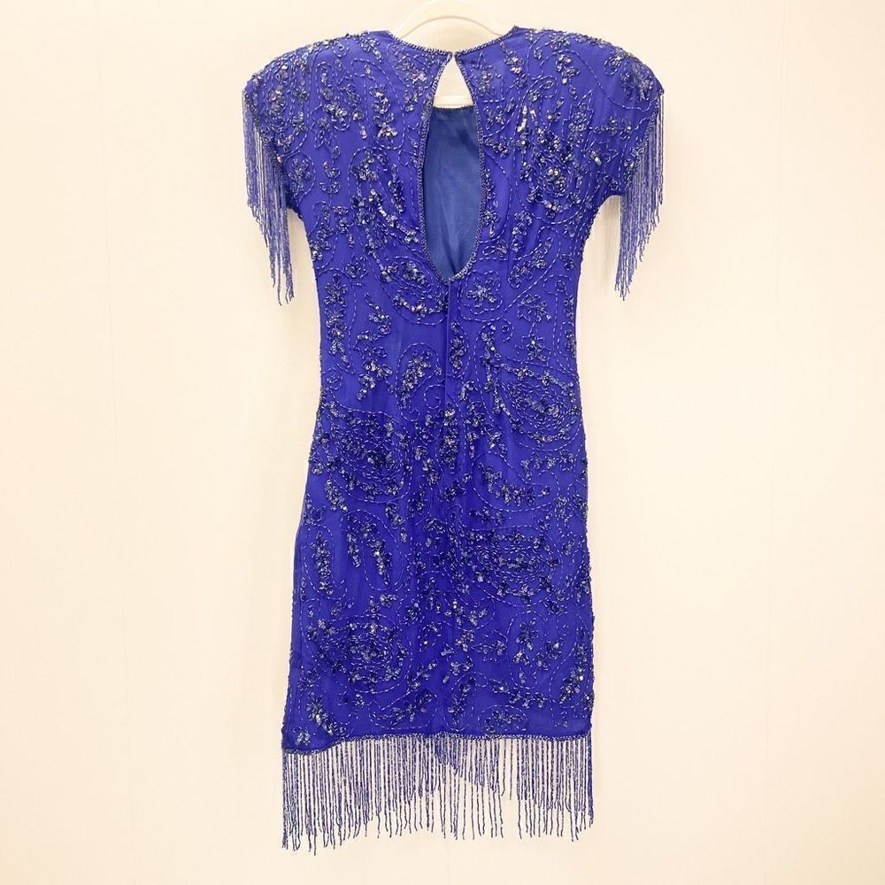 VTG Stenay Women 4 100% Pure Silk Royal Blue Beaded Fringe Elegant Flapper Dress - Picture 6 of 15